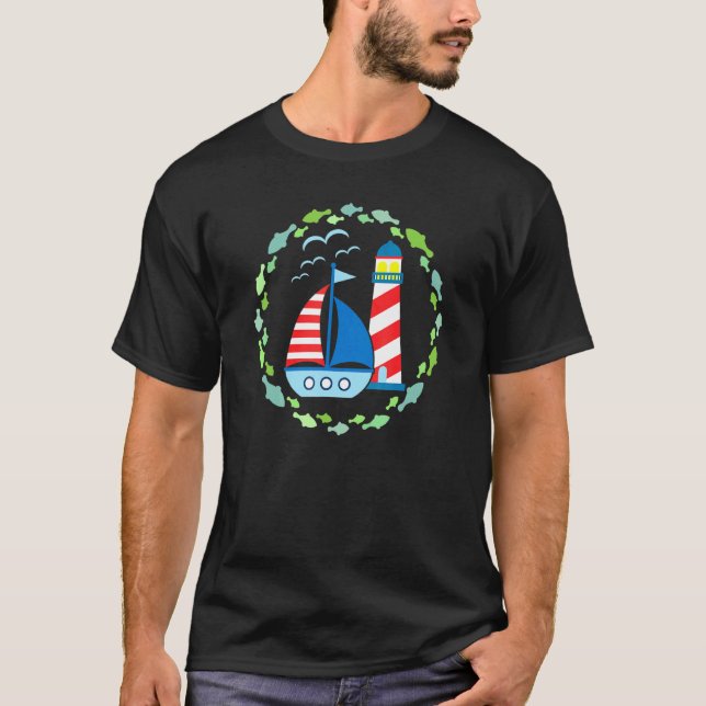 Colourful Lighthouse With Sailing Boat And Seagull T-Shirt (Front)