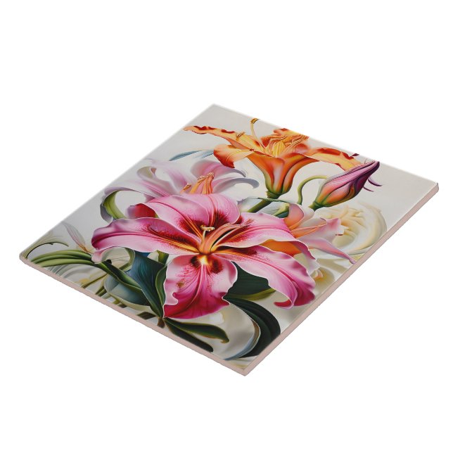 Colourful Lily Blooms on White Background Tile (Side)