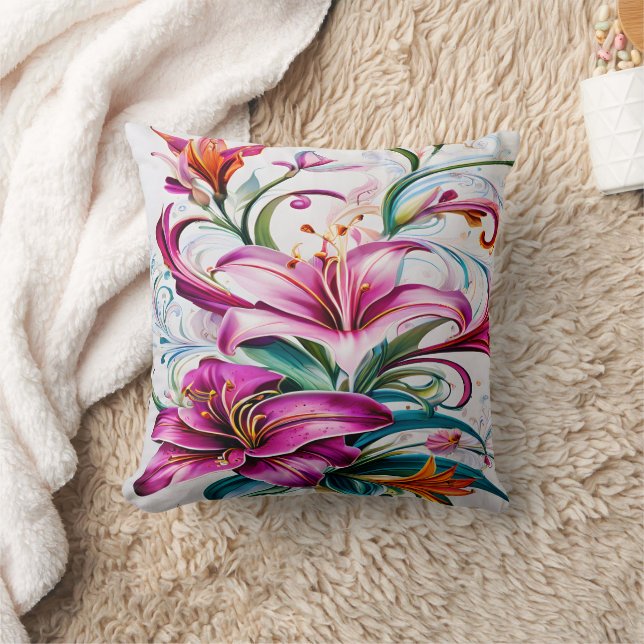 Colourful Lily Flowers in Vibrant Floral Design Cushion (Blanket)