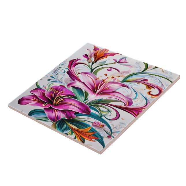 Colourful Lily Flowers in Vibrant Floral Design Tile (Side)