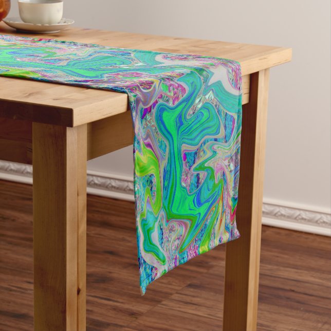 Colourful Lime Green Abstract Retro Liquid Art Long Table Runner (In Situ)