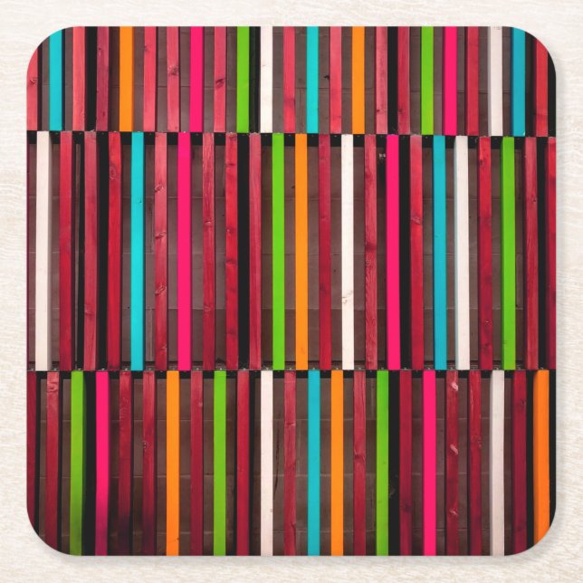 Colourful Lines Wood Blue Orange Pattern Fun Square Paper Coaster (Front)