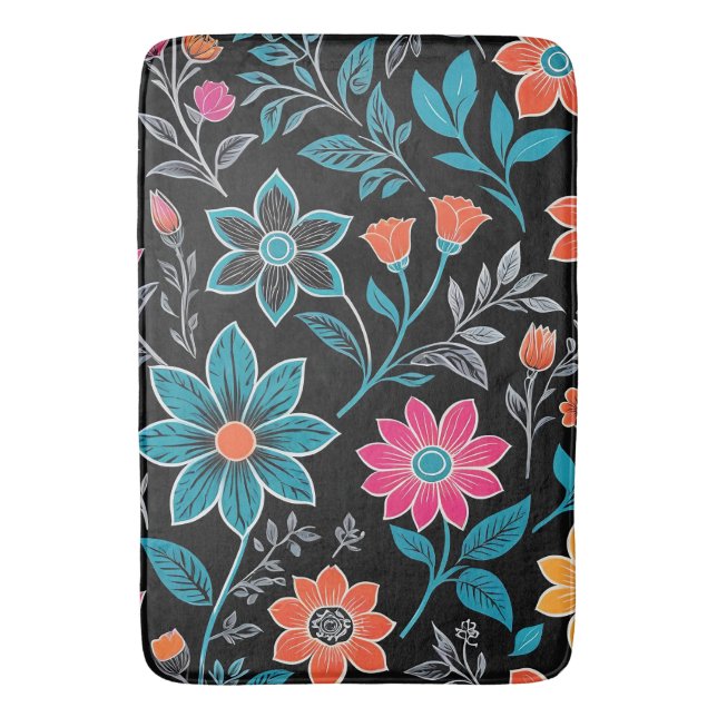 Colourful Linoprint Floral Pattern Bath Mat (Front Vertical)