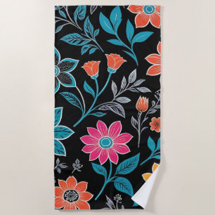 Colourful Linoprint Floral Pattern Beach Towel