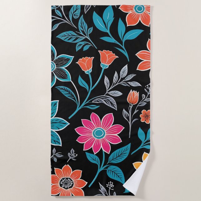 Colourful Linoprint Floral Pattern Beach Towel (Front)