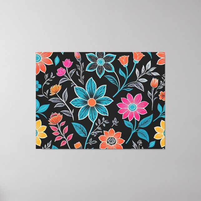Colourful Linoprint Floral Pattern Canvas Print (Front)