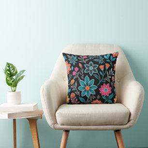 Colourful Linoprint Floral Pattern Cushion
