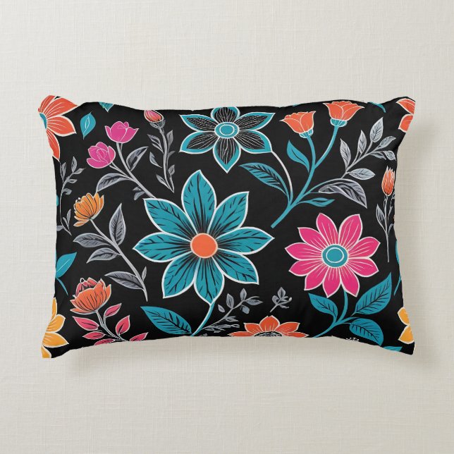Colourful Linoprint Floral Pattern Decorative Cushion (Front)