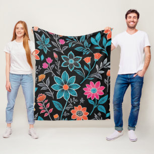 Colourful Linoprint Floral Pattern Fleece Blanket