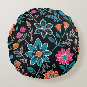 Colourful Linoprint Floral Pattern Round Cushion