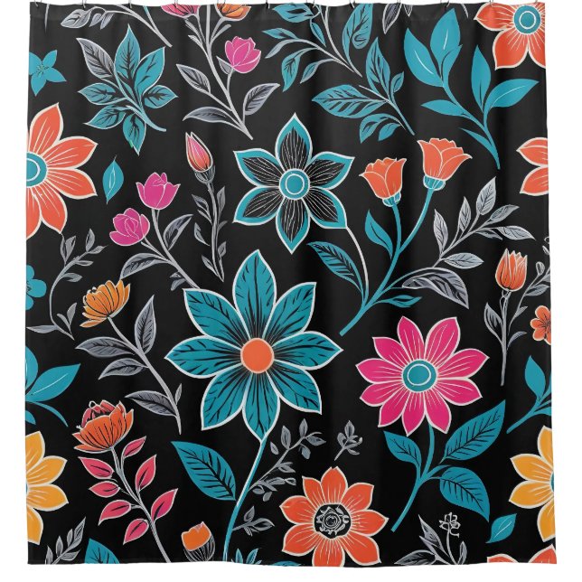 Colourful Linoprint Floral Pattern Shower Curtain (Front)