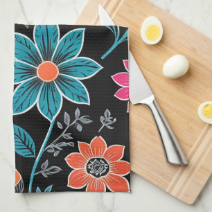Colourful Linoprint Floral Pattern Tea Towel