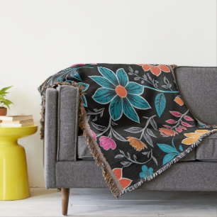 Colourful Linoprint Floral Pattern Throw Blanket