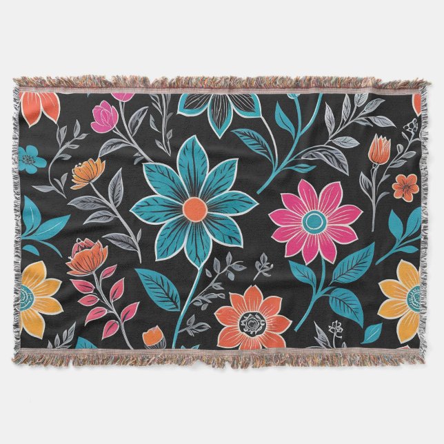 Colourful Linoprint Floral Pattern Throw Blanket (Front)