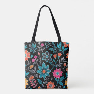 Colourful Linoprint Floral Pattern Tote Bag