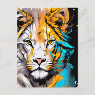 Colourful Lion blue white yellow piercing eyes 5x7 Postcard