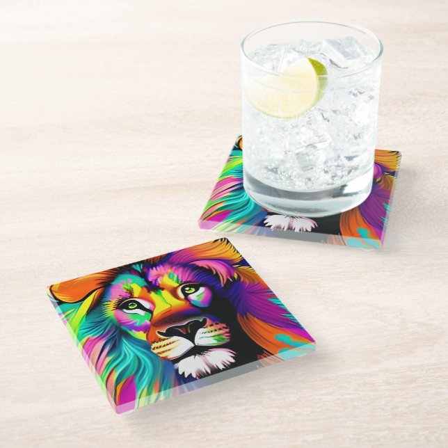 Colourful Lion Digital Art Glass Coaster (Angled)