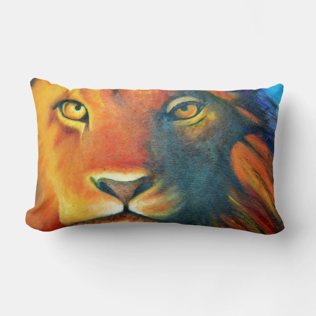 Colourful Lion Head Portrait Oil Painting Lumbar Cushion (Front)