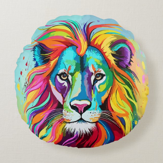 Colourful Lion Head Portrait Round Cushion (Front)