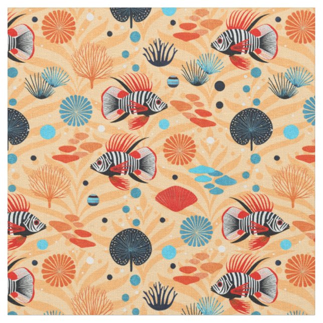 Colourful Lionfish and Coral Reef Pattern on Sand Fabric (Close Up)