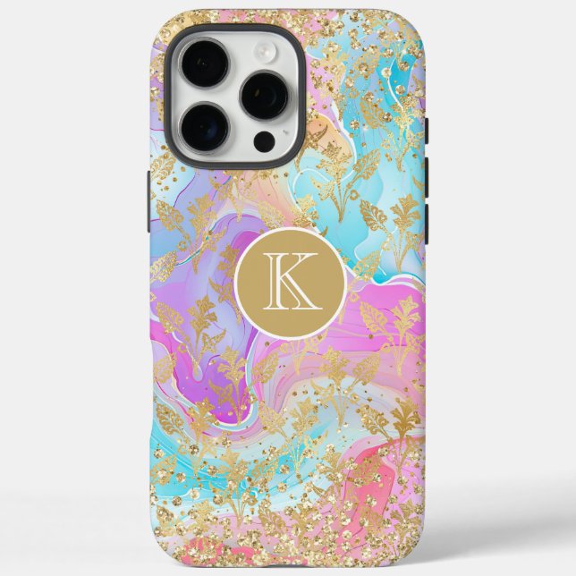 Colourful Liquid Marble Gold Floral Monogram Case-Mate iPhone Case (Back)