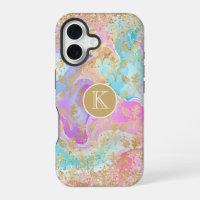 Colourful Liquid Marble Gold Floral Monogram