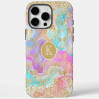 Colourful Liquid Marble Gold Floral Monogram