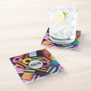 Colourful Liquorice Allsorts Candy Monogram Initia Glass Coaster