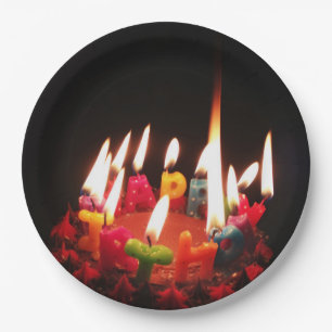 Colourful, LitC "Happy Birthday" Candles, Dark Roo Paper Plate