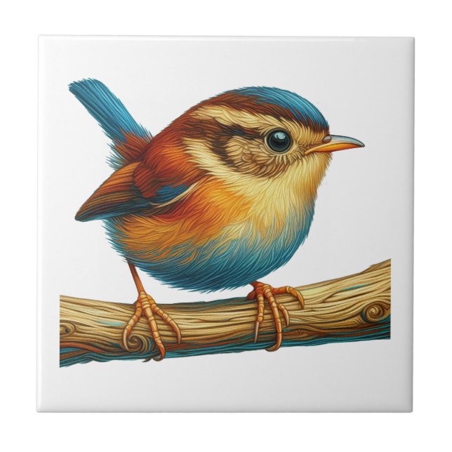 Colourful Little Bird on Branch Art Tile (Front)
