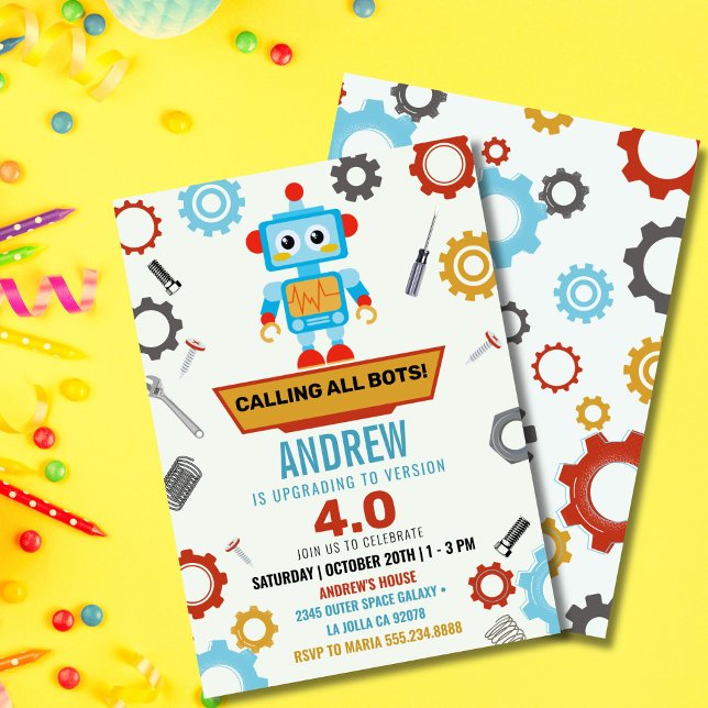 Colourful Little Robot Party Theme Birthday  Invitation (Colorful robot birthday invitation for kids with fun tech theme and bold modern design.)