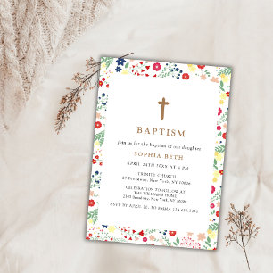Colourful Little Wildflower Frame Cross Baptism Invitation