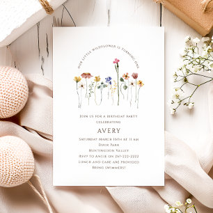 Colourful Little Wildflower Turning One Birthday Invitation