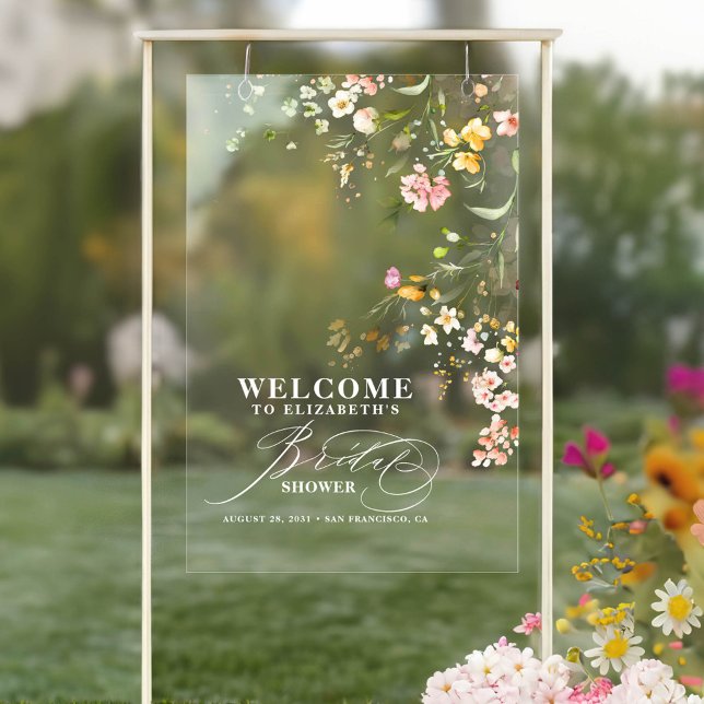 Colourful Little Wildflowers Bridal Shower Welcome Acrylic Sign (Wildflowers Bridal Shower Acrylic Transparent Welcome Sign)