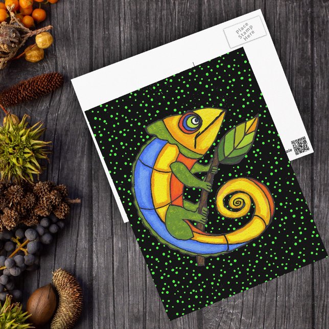 Colourful Lizard on a Branch Postcard (Colourful abstract lizard with leaf on branch on black with green polka dots postcards.)