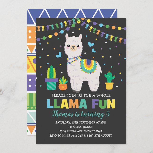 Colourful Llama Birthday Party / Boy Fiesta Alpaca Invitation (Front/Back)