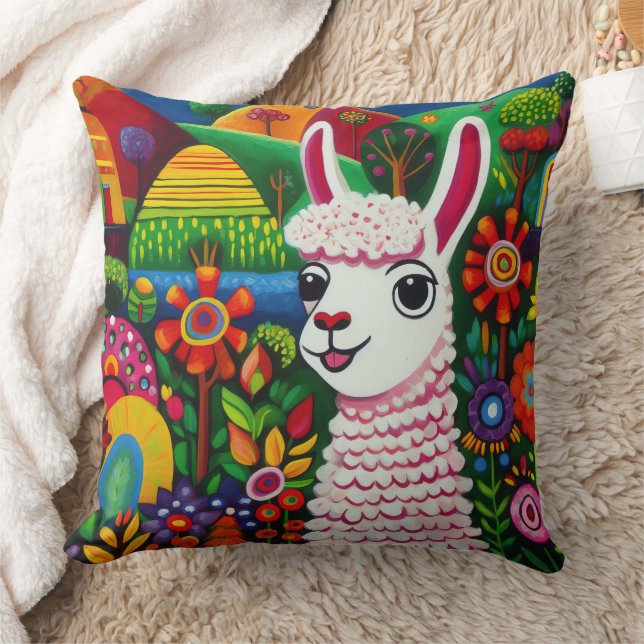 Colourful llama surrounded by flowers painting cushion (Blanket)