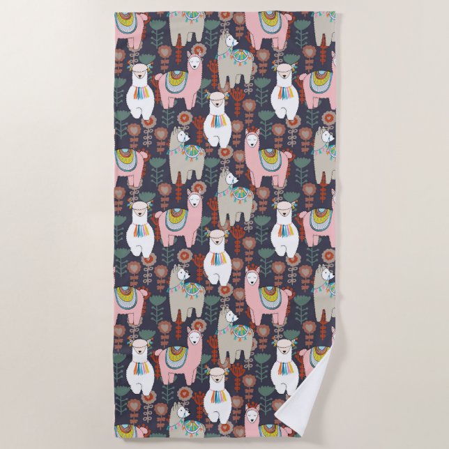 Colourful Llamas Pattern Beach Towel (Front)
