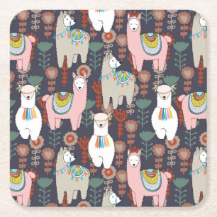 Colourful Llamas Pattern Square Paper Coaster