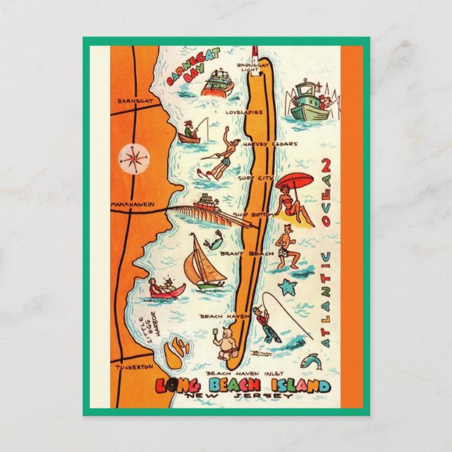 Colourful Long Beach Island Map  Postcard (Front)