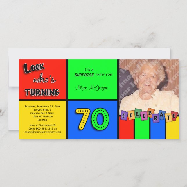 Colourful Look Whos Turning 70 Birthday Invite (Front)