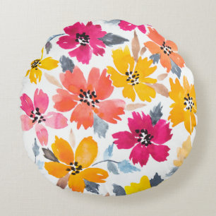 Colourful Loose Floral Watercolor Flowers Round Cushion