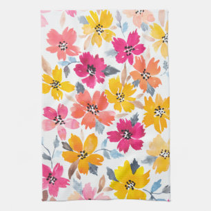 Colourful Loose Floral Watercolor Flowers Tea Towel
