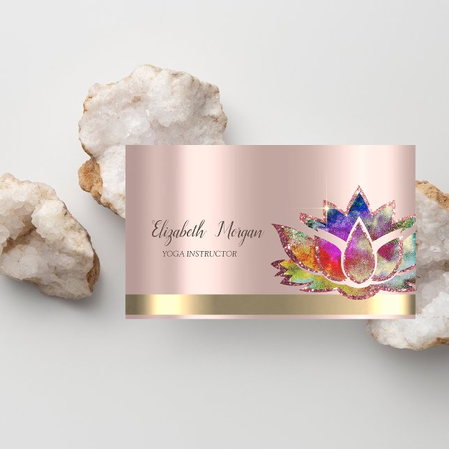 Colourful Lotus Flower Rose Gold Yoga Instructor Business Card (Creator Uploaded)