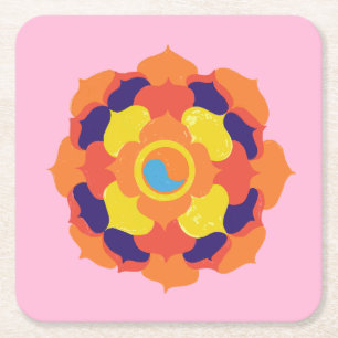 Colourful Lotus Flower Yin & Yang Mandala    Square Paper Coaster