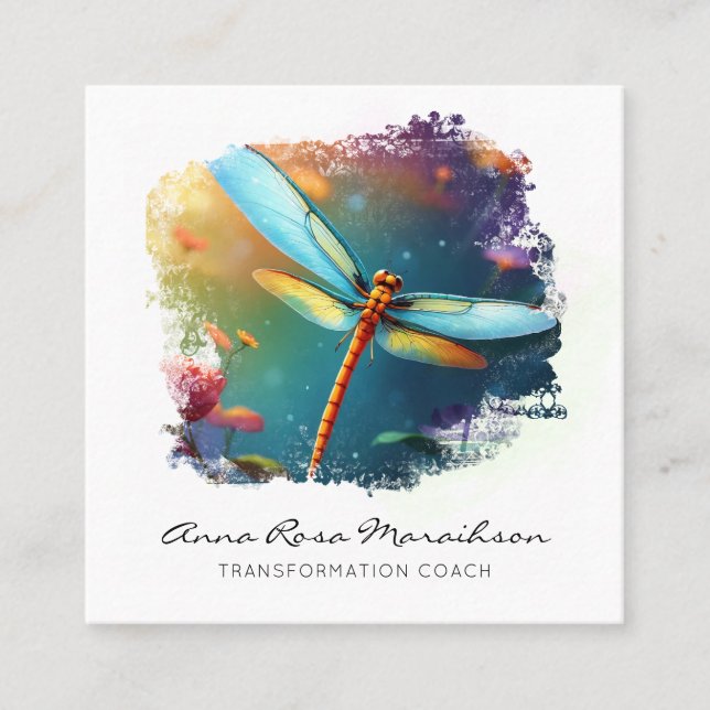 *~* Colourful  Lotus Lily  Abstract Dragonfly   Square Business Card (Front)