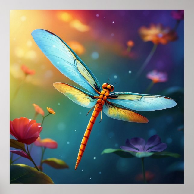 *~* Colourful Lotus Pond Dragonfly Blue Poster (Front)