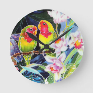 Colourful Love Birds and Orchids Tropical Print Round Clock