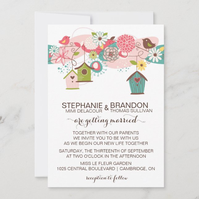 Colourful Love Birds & Bird Houses Wedding Invite (Front)