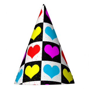 Colourful Love Hearts Geometric Block Print Party Hat